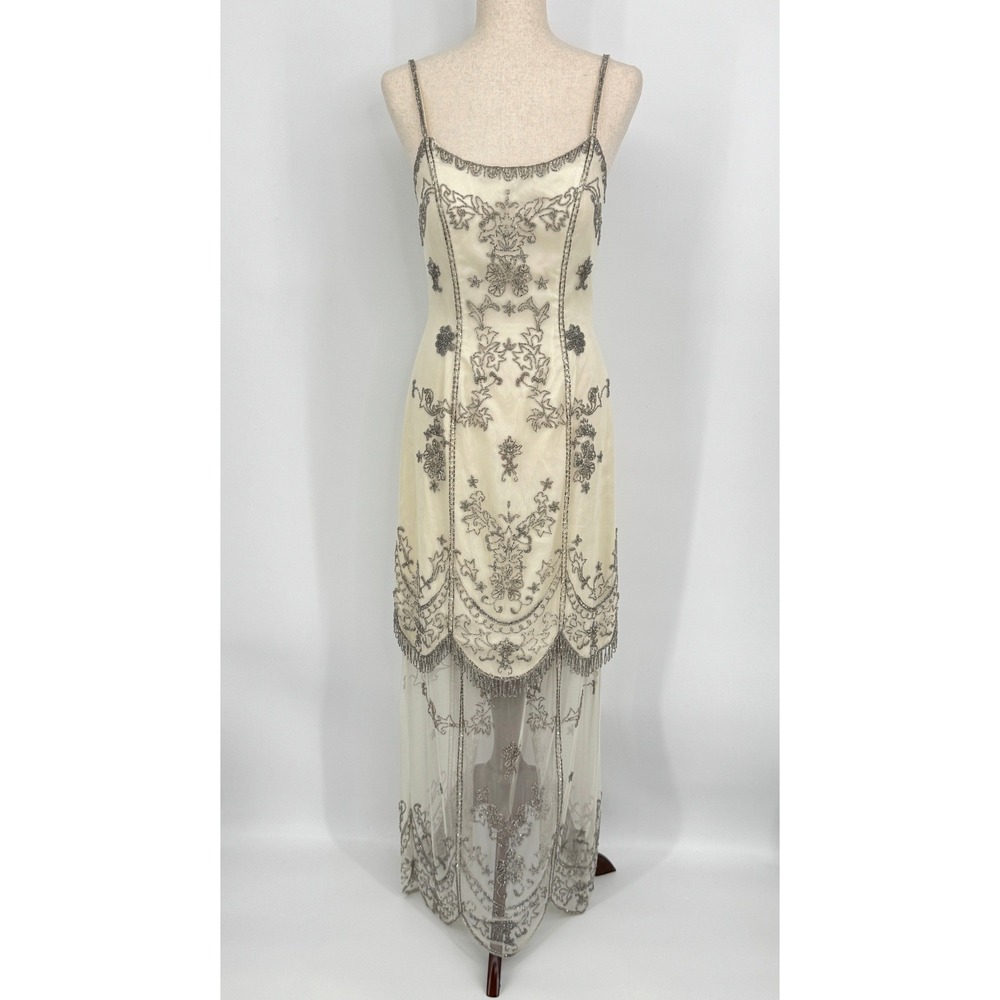 Vintage Sue Wong Nocturne Beaded Mesh Maxi Gown Size 8 Cream Gold Flapper Gatsby